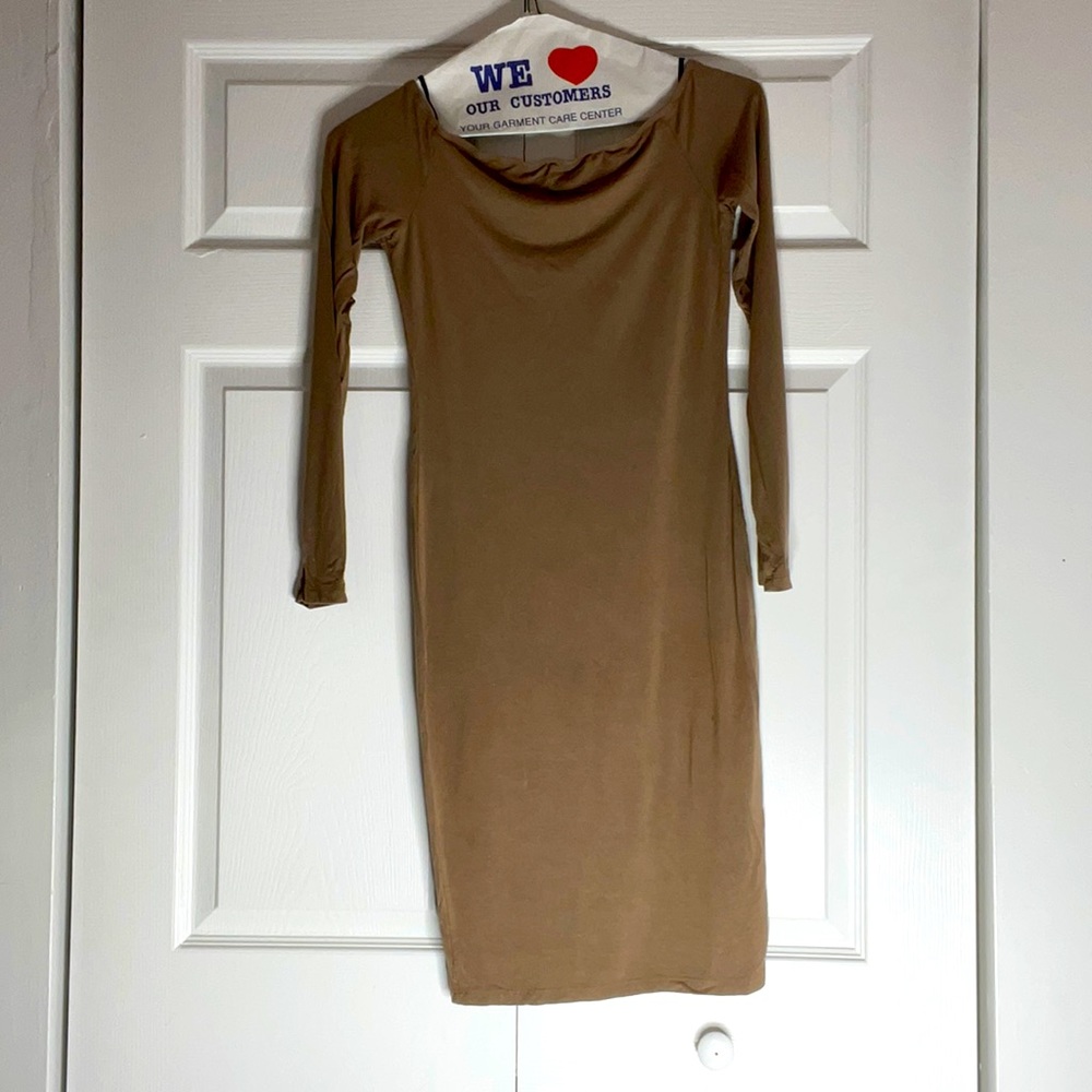 brown off the shoulder all body dress